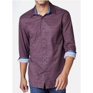 Society of Threads Red Floral Print Stretch Long Sleeve Button Up Size Medium